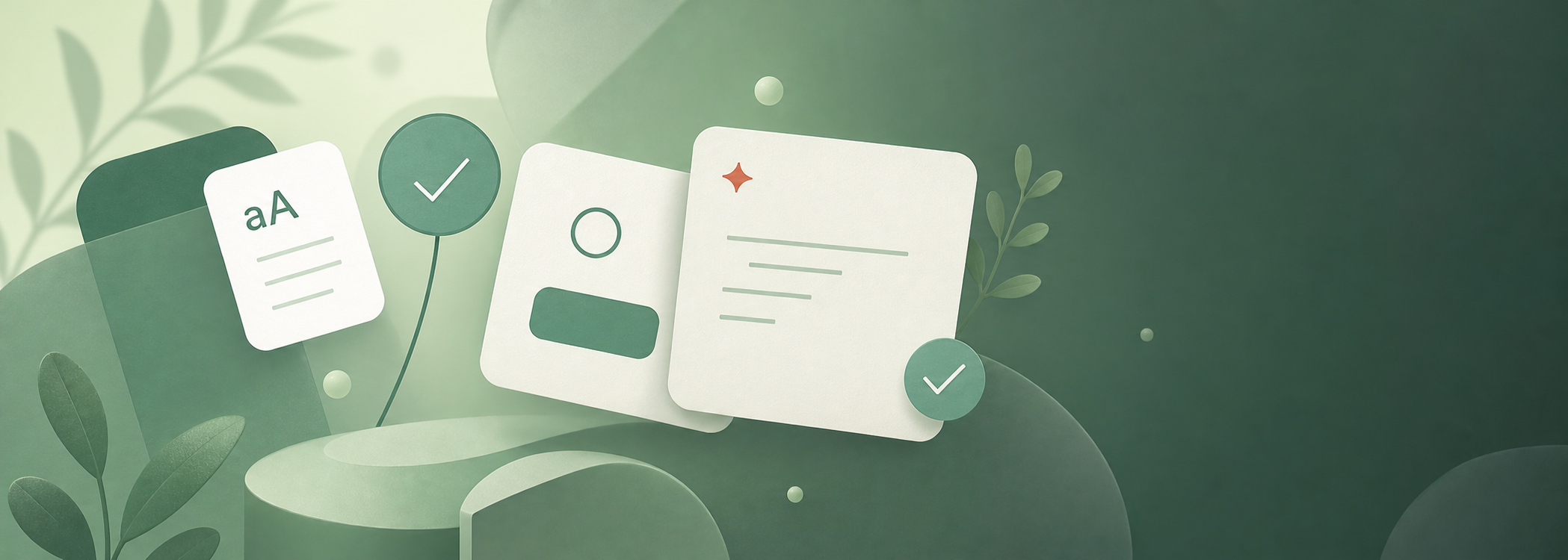 Abstract green workspace with text cards and check marks